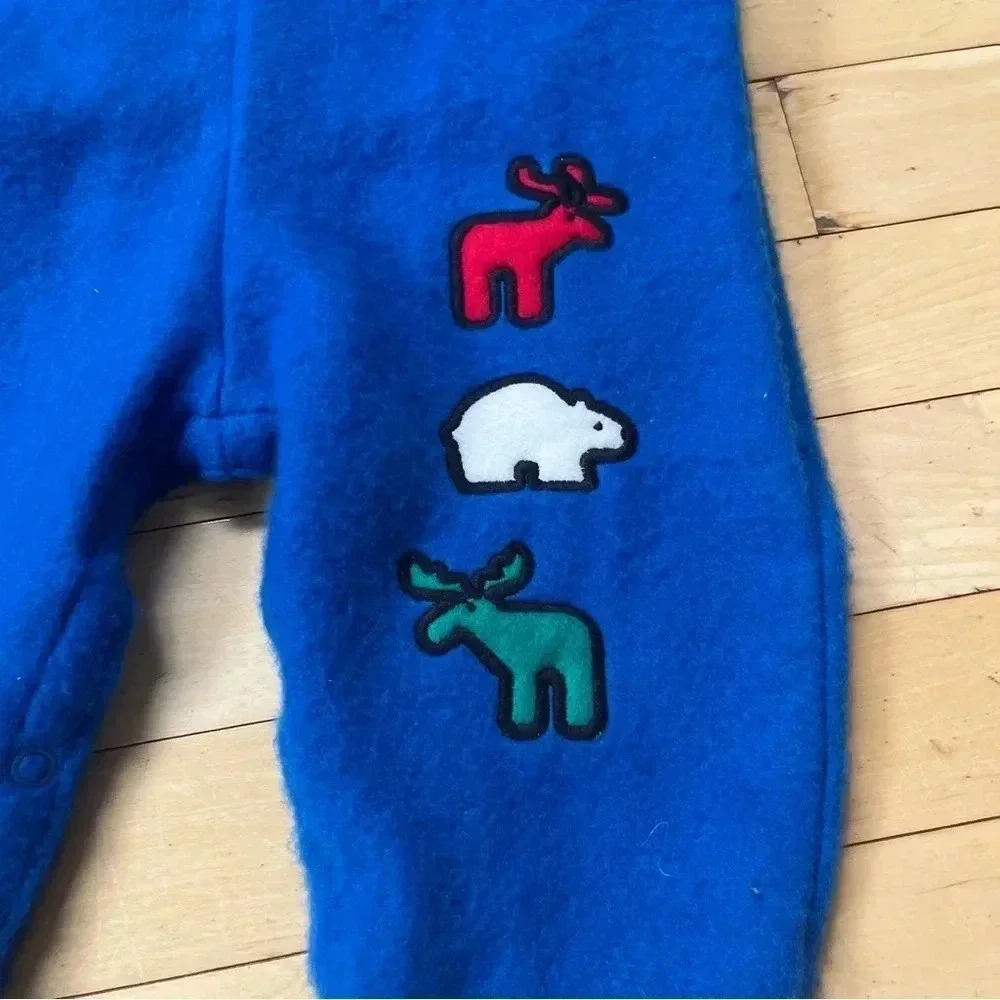 VTG Carters Blue Fleece Overalls Set Long Sleeve Shirt Bear Moose Baby 9-12 M